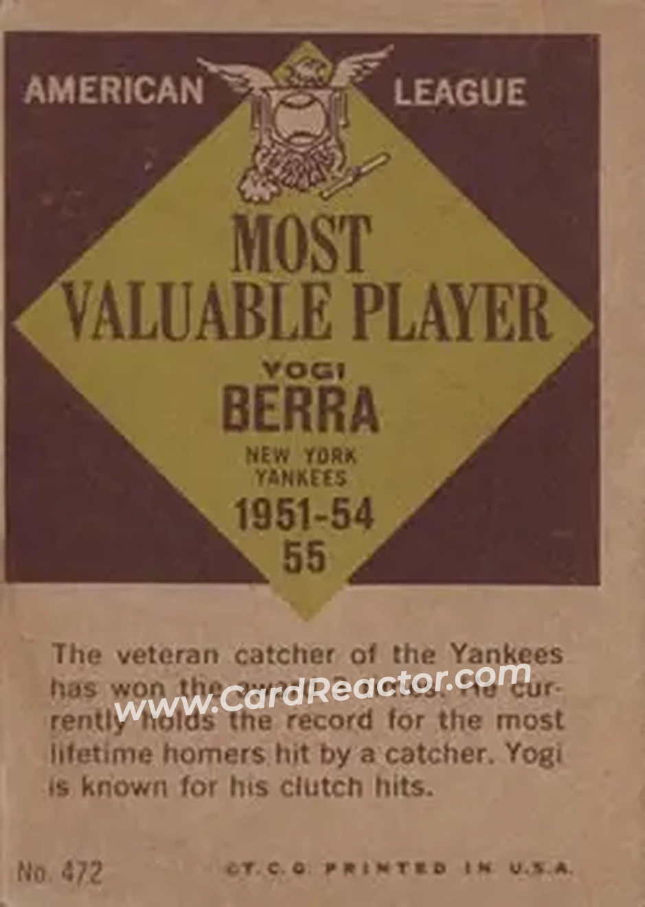 1961 Topps #472 - Larry "Yogi" Berra - New York Yankees - Back