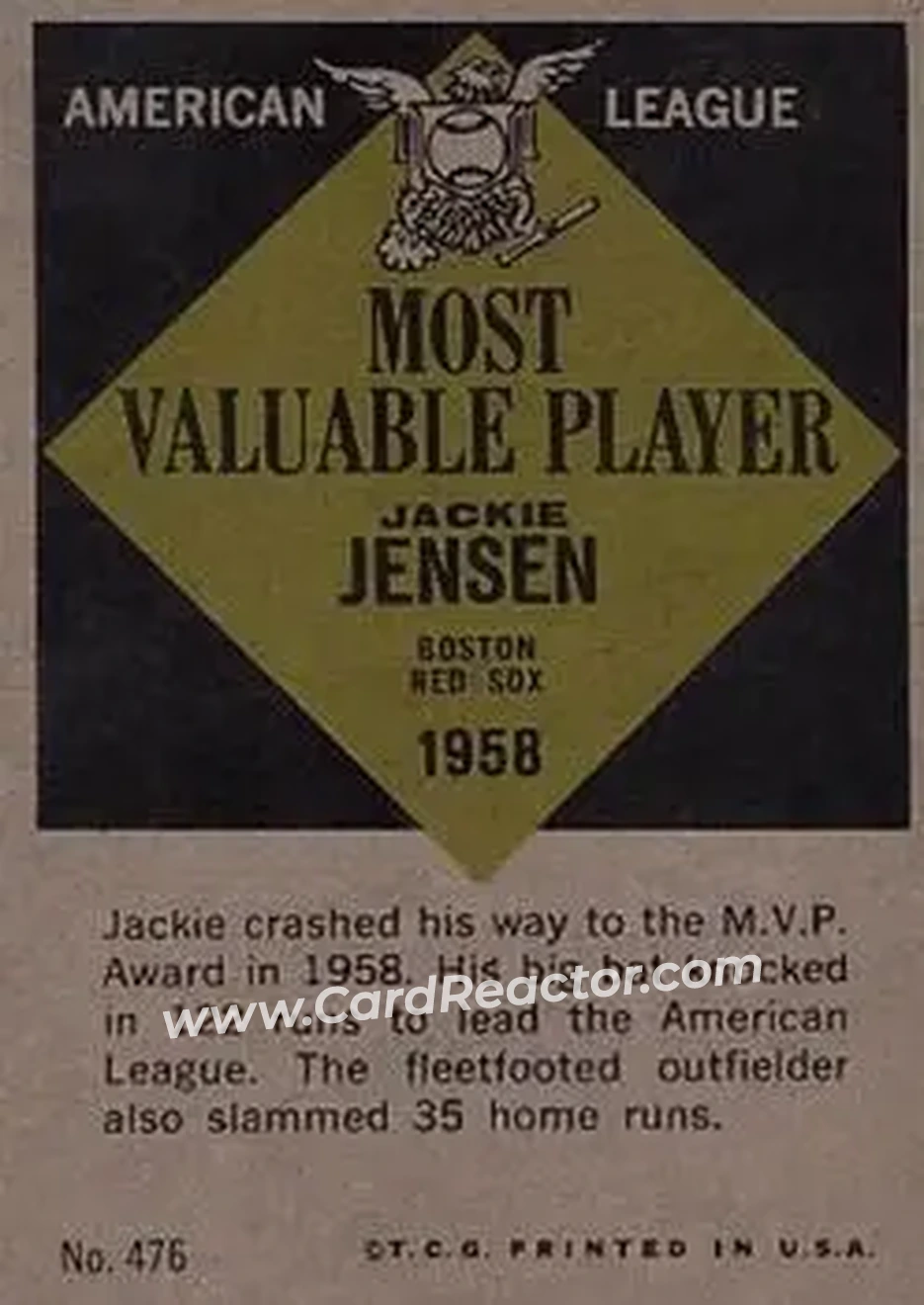 1961 Topps #476 - Jackie Jensen - Boston Red Sox - Back