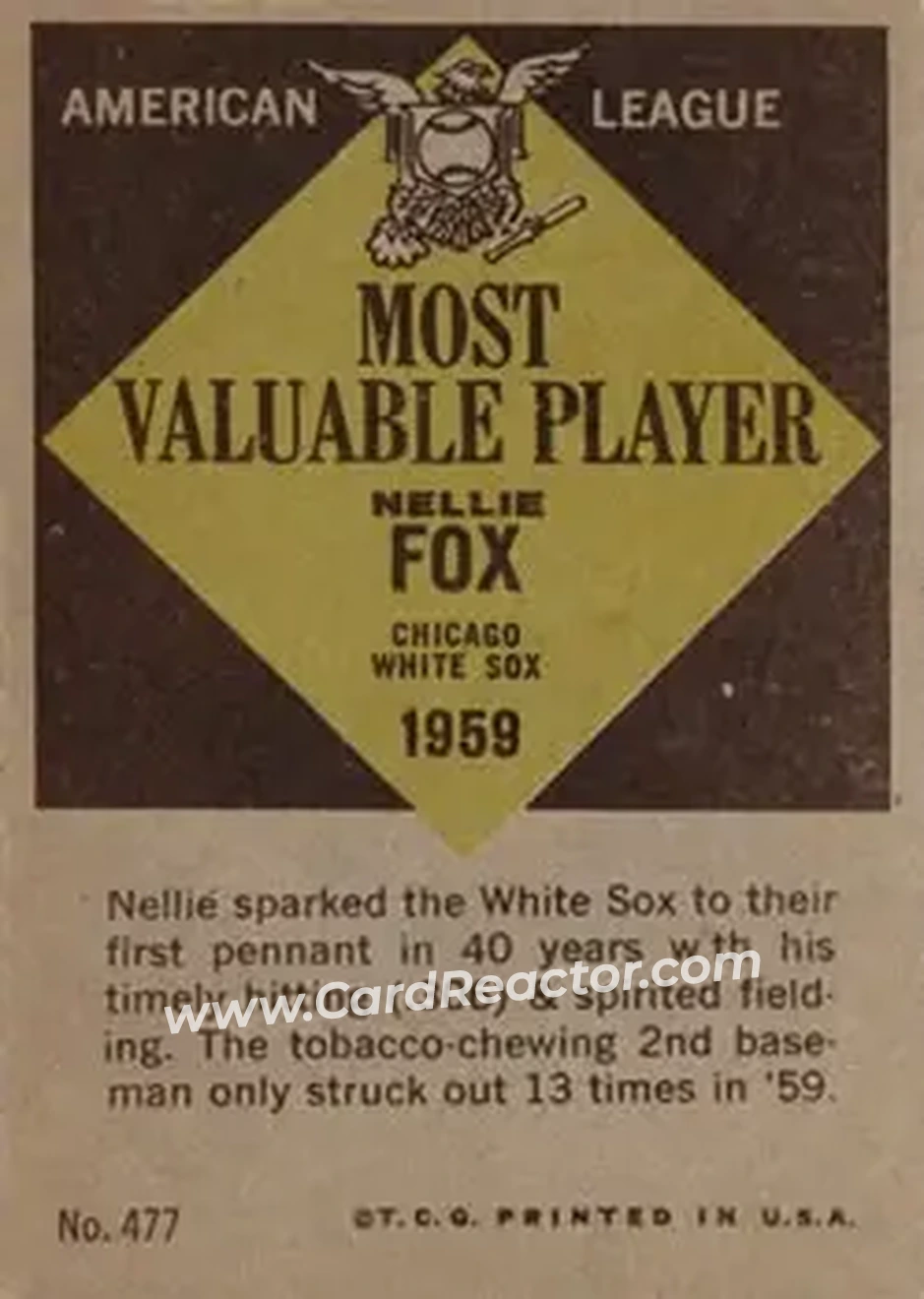 1961 Topps #477 - Nelson Fox - Chicago White Sox - Back