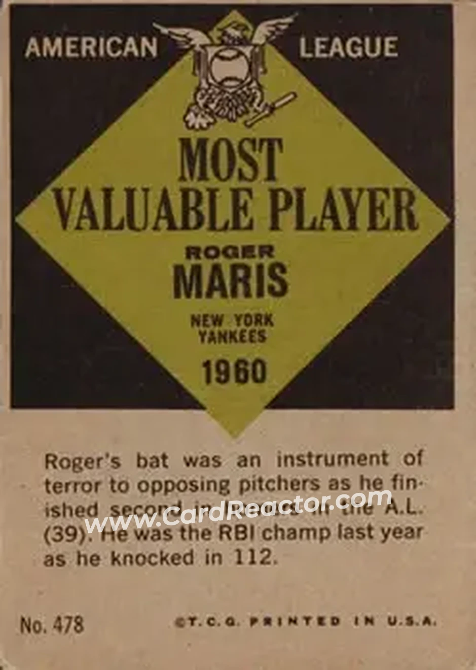 1961 Topps #478 - Roger Maris - New York Yankees - Back