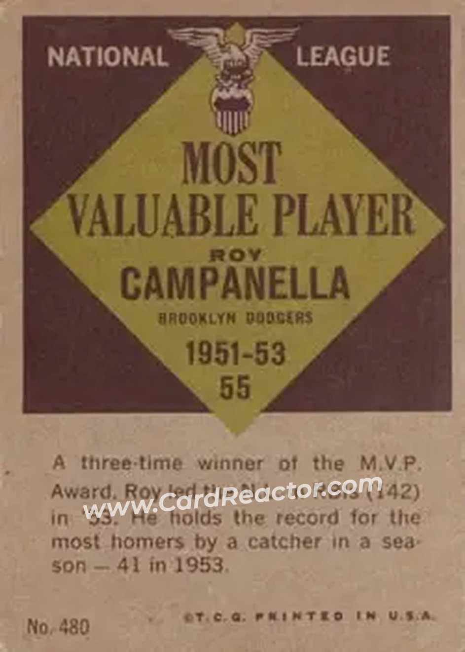 1961 Topps #480 - Roy Campanella - Brooklyn Dodgers - Back