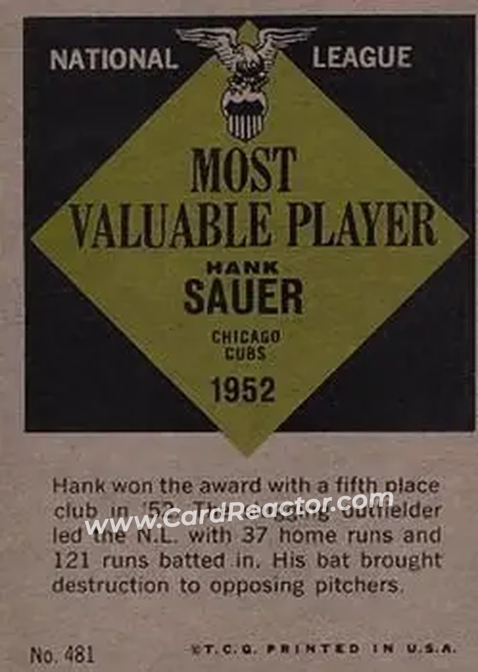 1961 Topps #481 - Hank Sauer - Chicago Cubs - Back
