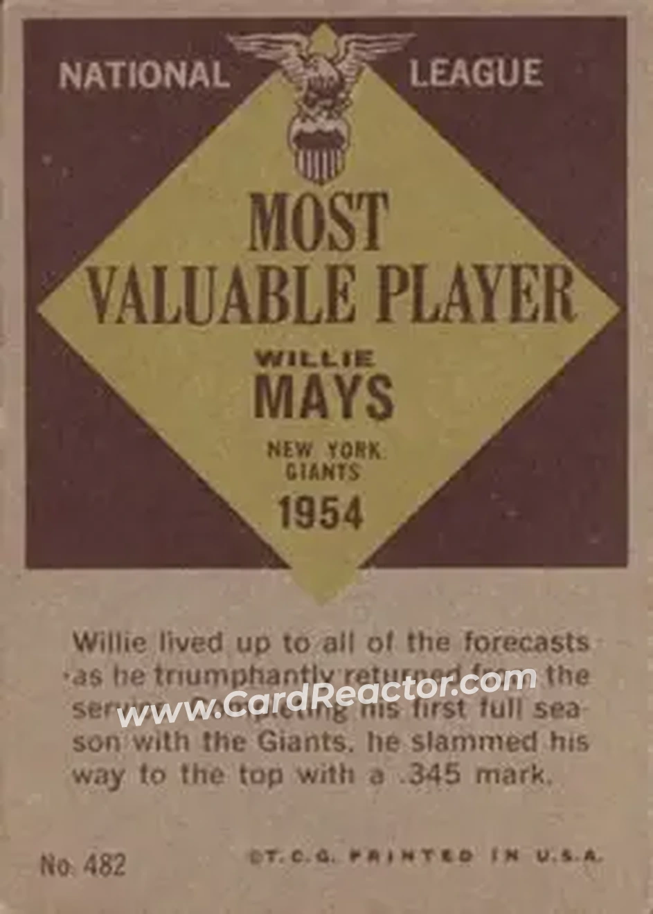 1961 Topps #482 - Willie Mays - New York Giants - Back