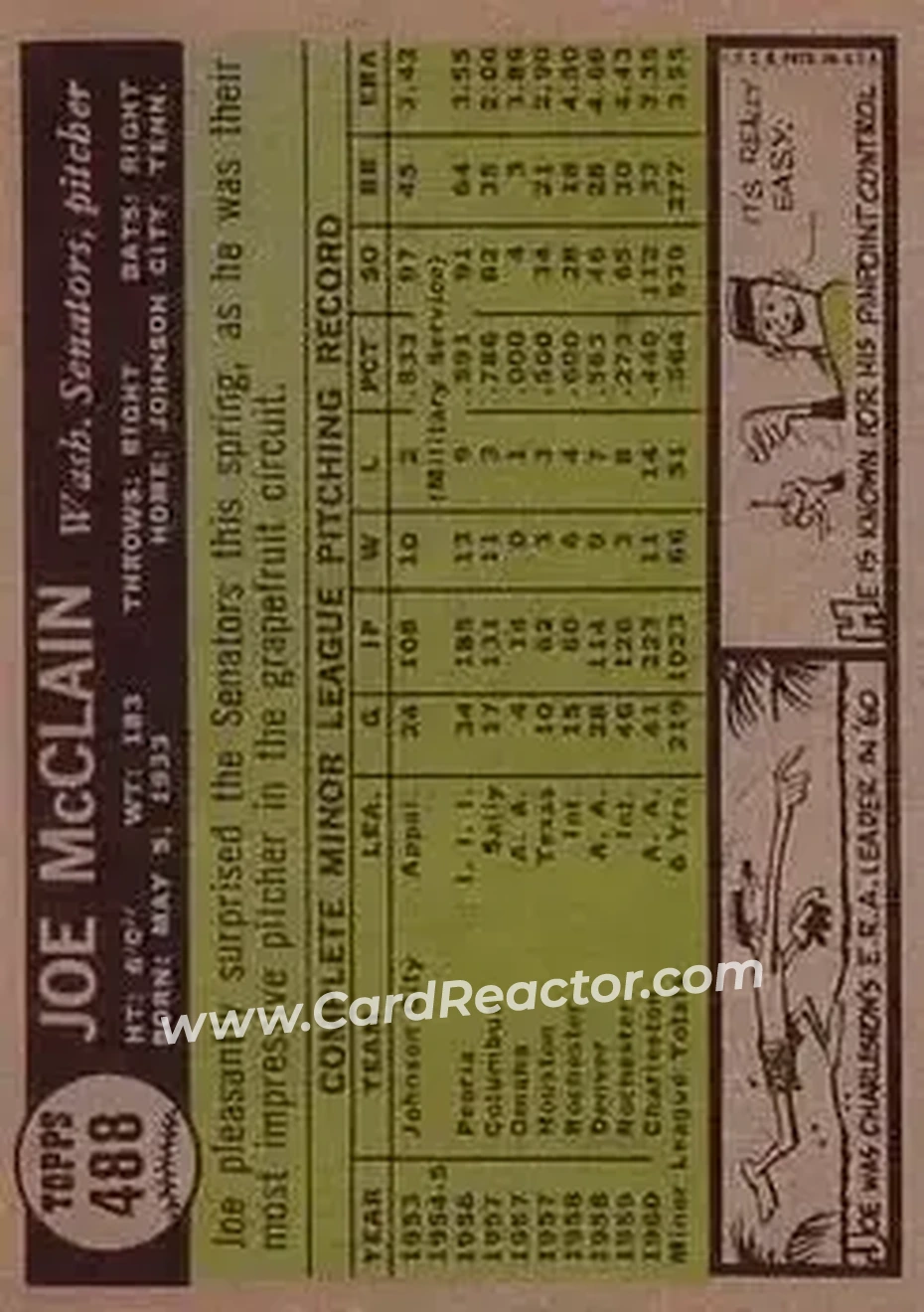 1961 Topps #488 - Joe McClain - Washington Senators - Back
