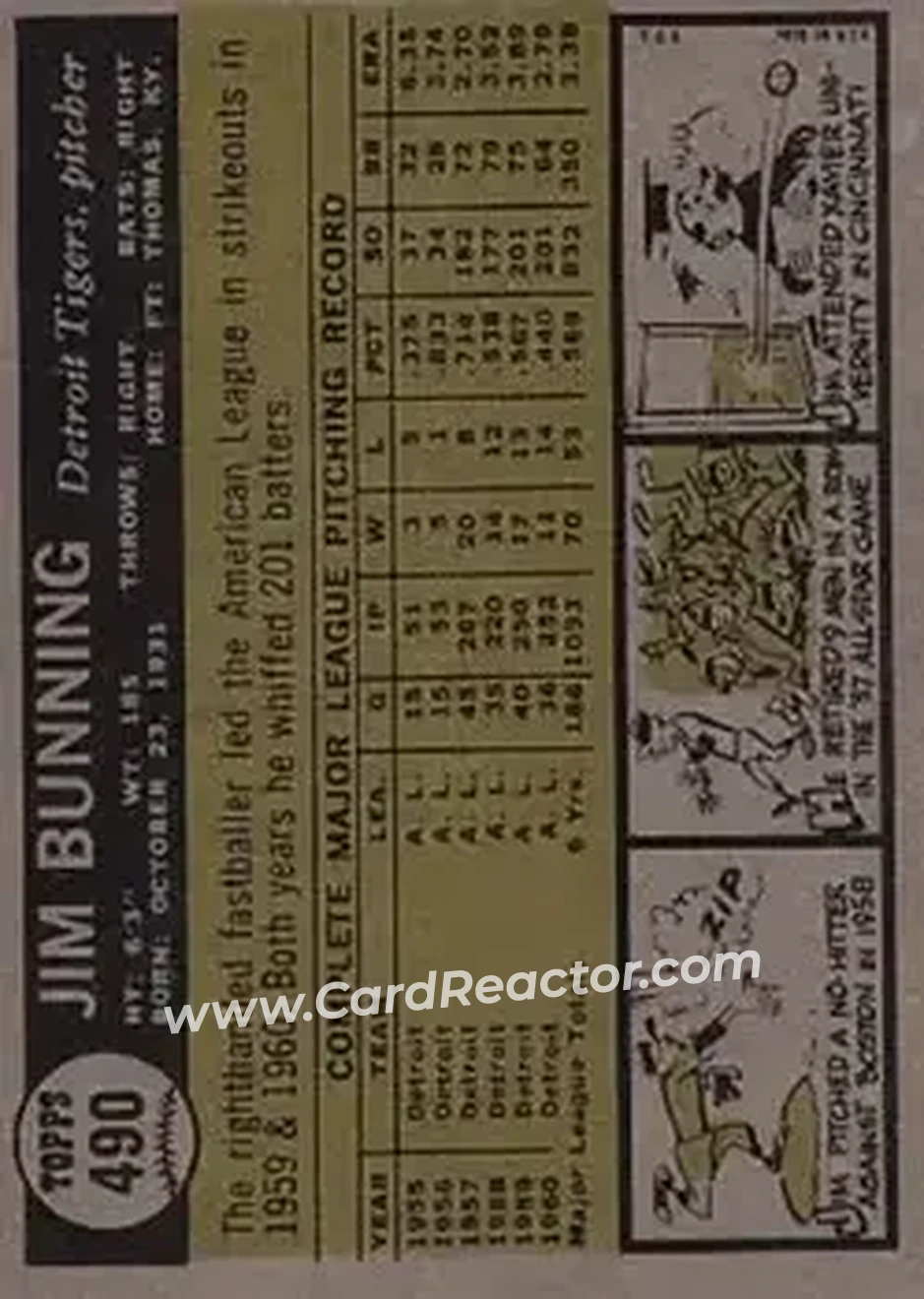 1961 Topps #490 - Jim Bunning - Detroit Tigers - Back 1961 Topps #490 - Jim Bunning - Detroit Tigers - Back