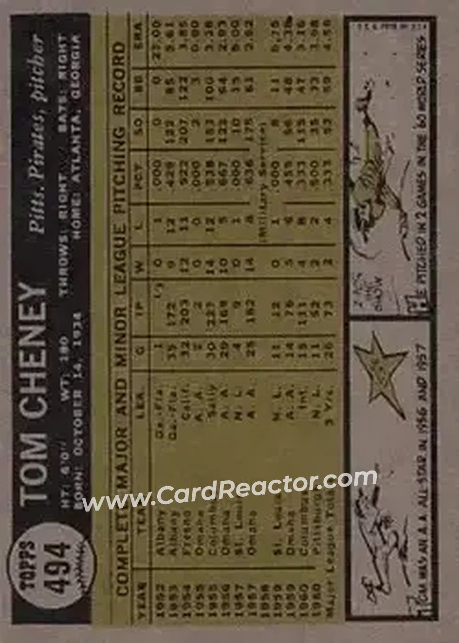 1961 Topps #494 - Tom Cheney - Pittsburgh Pirates - Back