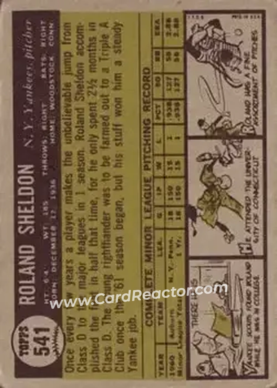 1961 Topps #541 - Roland Sheldon - New York Yankees - Back