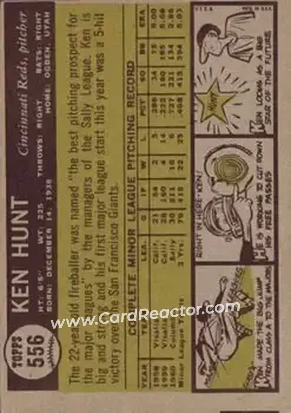 1961 Topps #556 - Ken R. Hunt - Cincinnati Reds - Back