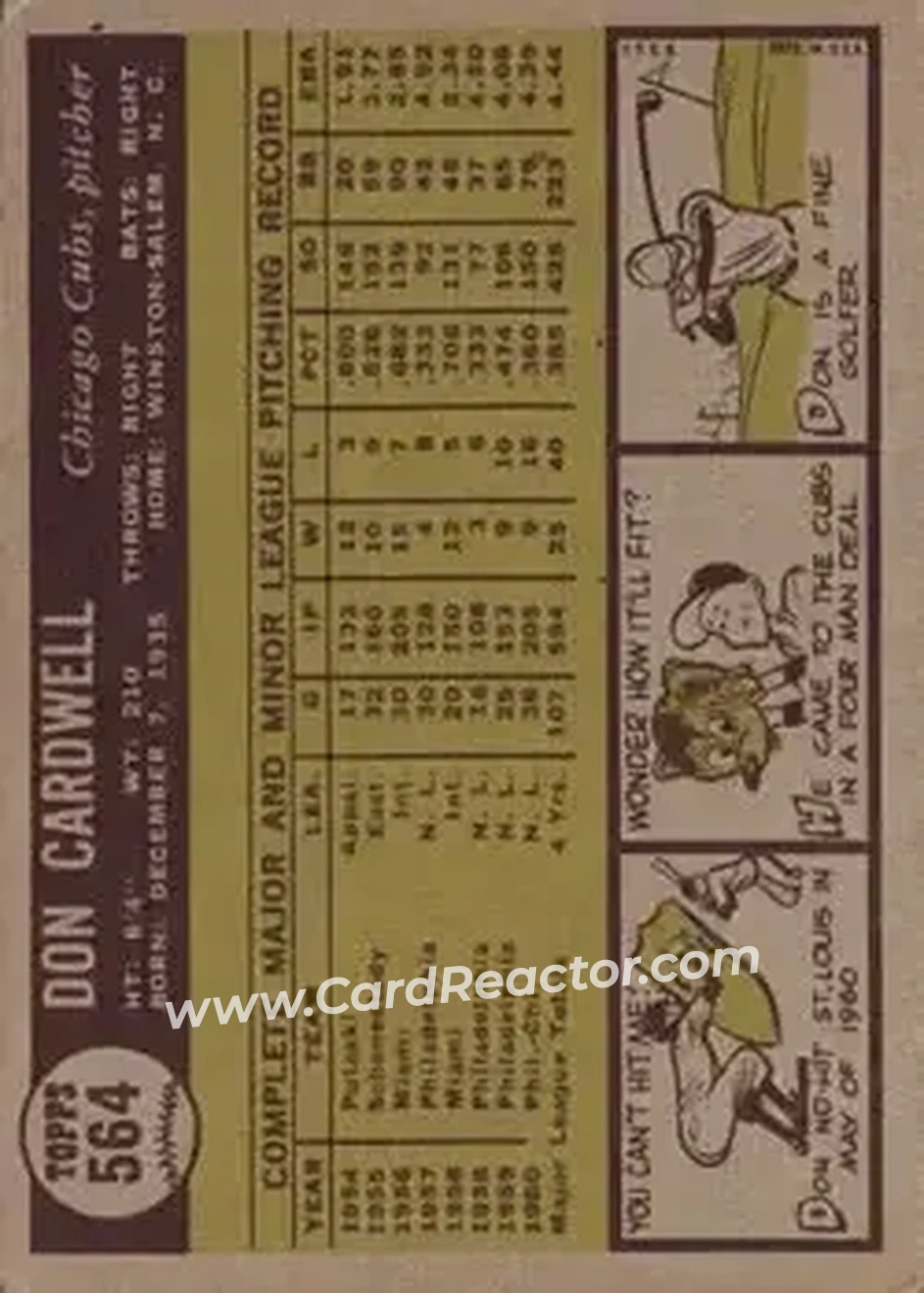 1961 Topps #564 - Don Cardwell - Chicago Cubs - Back