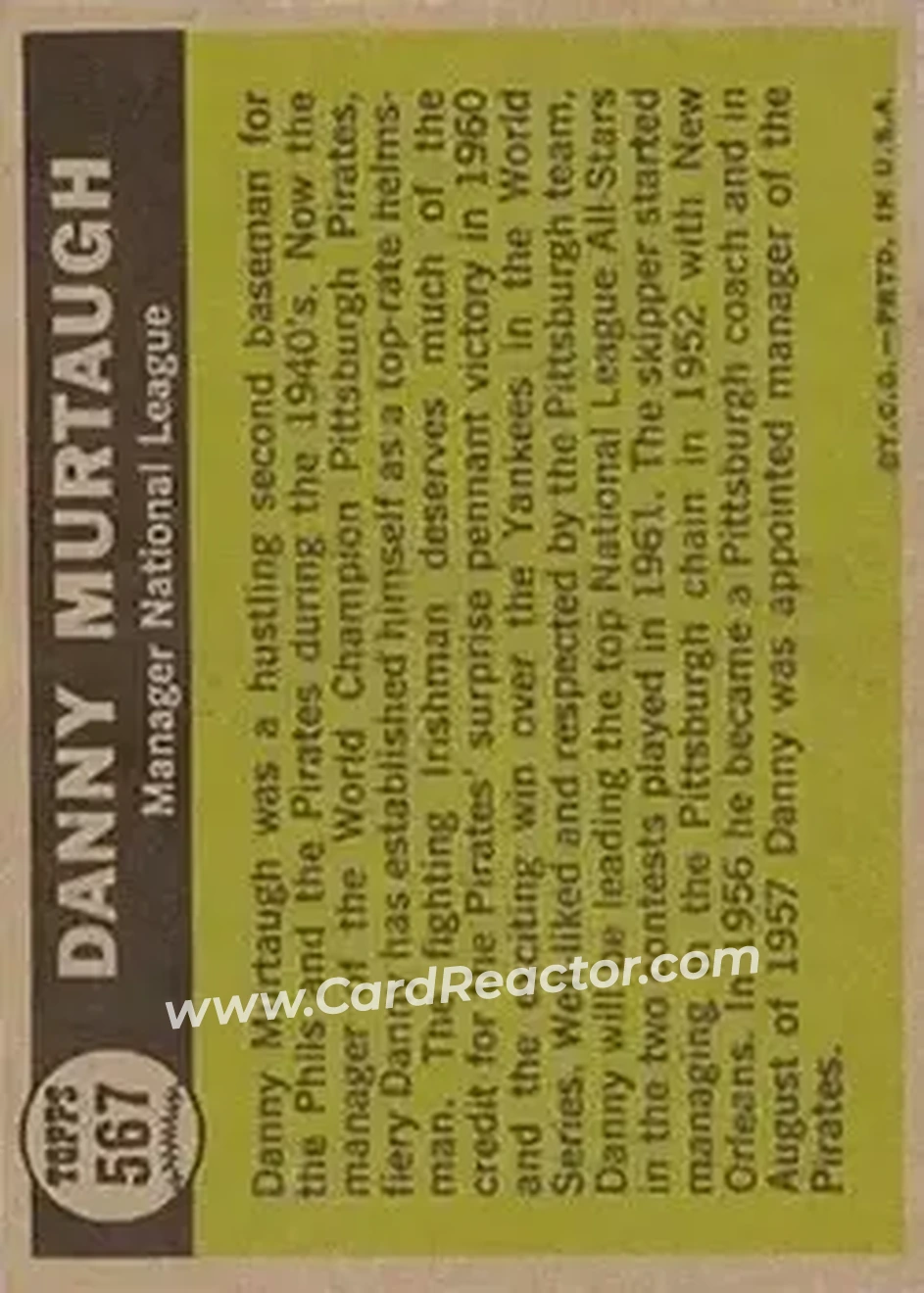 1961 Topps #567 - Danny Murtaugh - Pittsburgh Pirates - Back