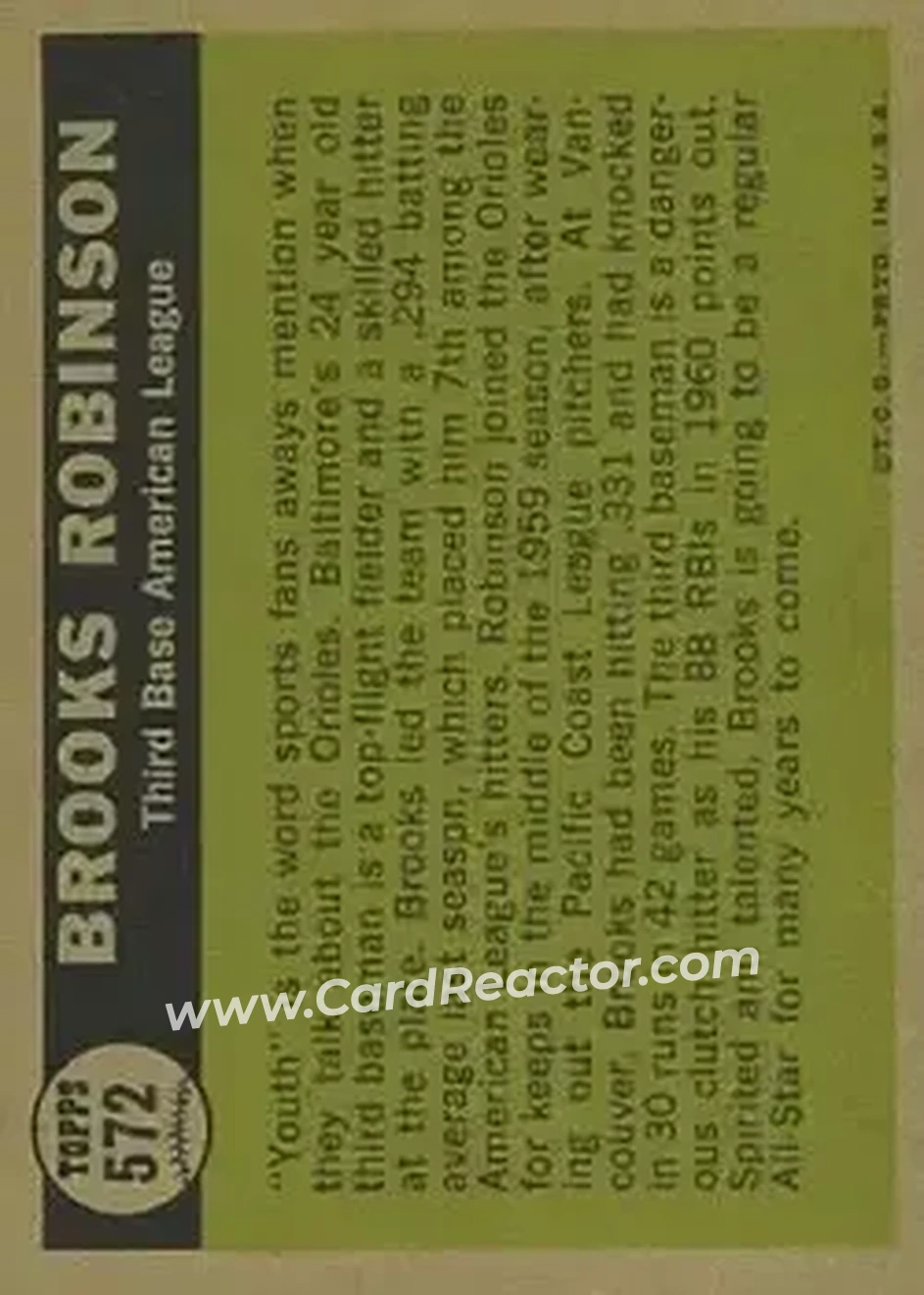 1961 Topps #572 - Brooks Robinson - Baltimore Orioles - Back