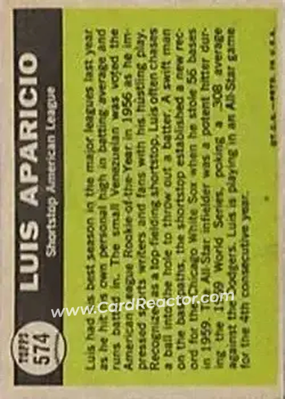 1961 Topps #574 - Luis Aparicio - Chicago White Sox - Back