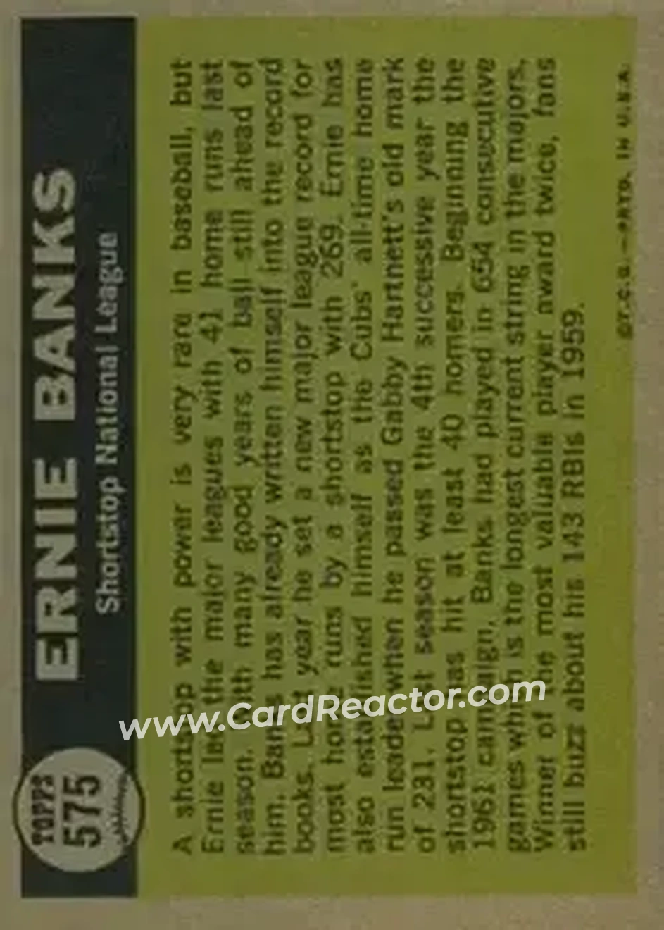 1961 Topps #575 - Ernie Banks - Chicago Cubs - Back