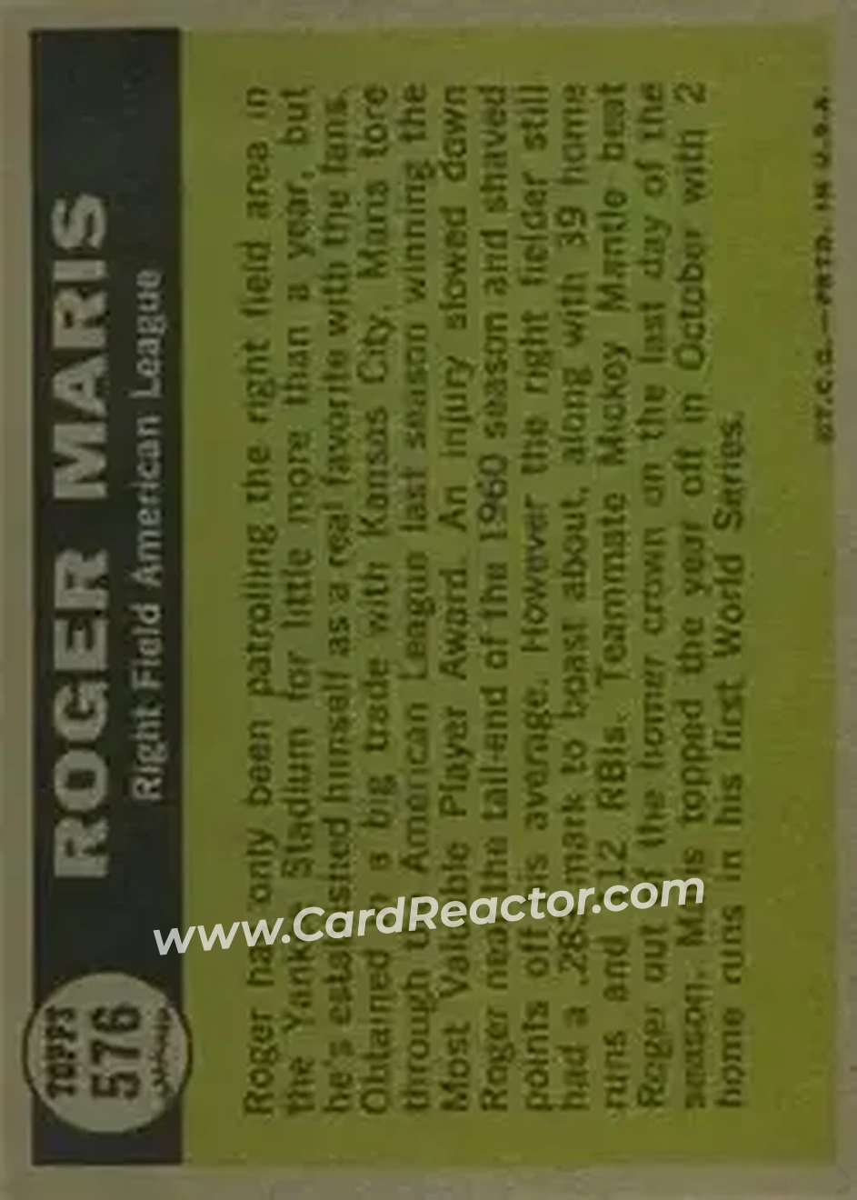 1961 Topps #576 - Roger Maris - New York Yankees - Back