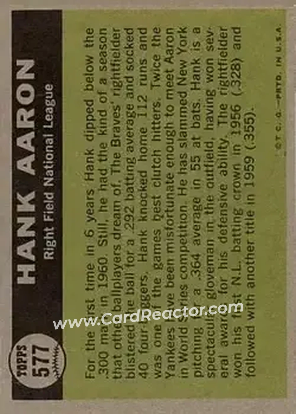 1961 Topps #577 - Hank Aaron - Milwaukee Braves - Back