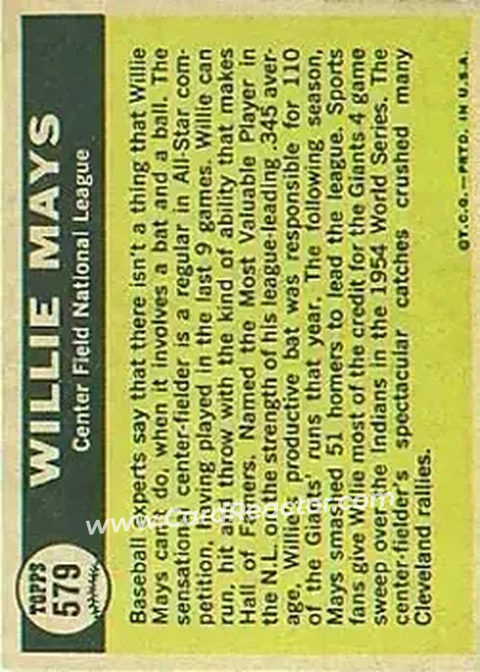 1961 Topps #579 - Willie Mays - San Francisco Giants - Back 1961 Topps #579 - Willie Mays - San Francisco Giants - Back