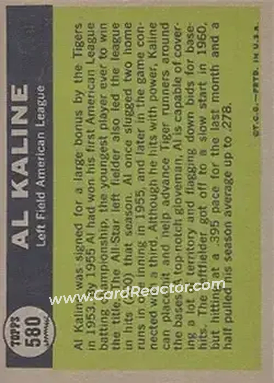 1961 Topps #580 - Al Kaline - Detroit Tigers - Back 1961 Topps #580 - Al Kaline - Detroit Tigers - Back