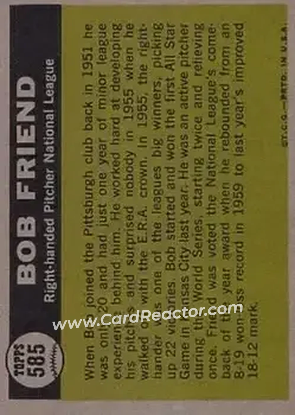 1961 Topps #585 - Bob Friend - Pittsburgh Pirates - Back