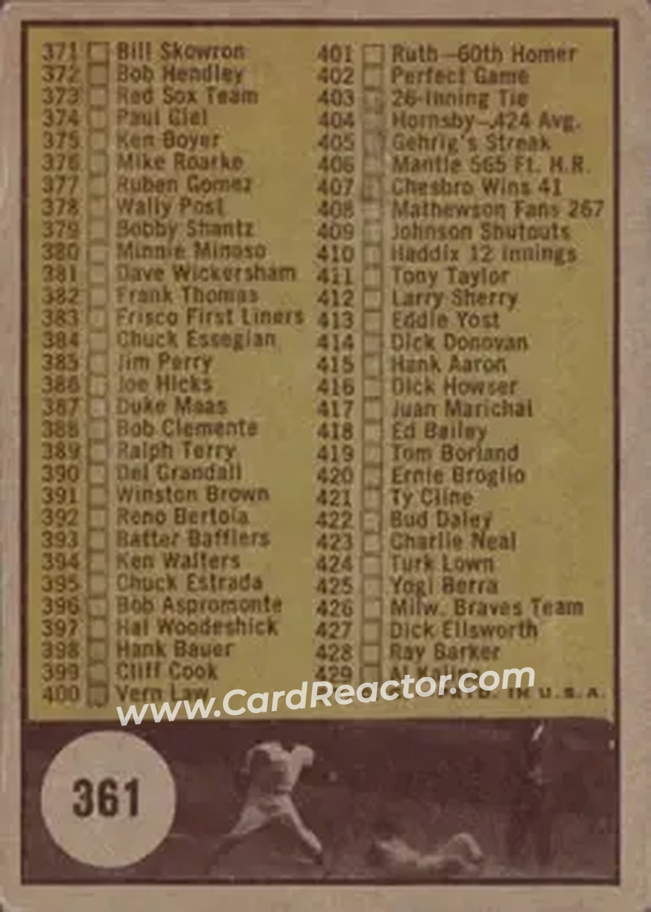 1961 Topps #361 - Card #361 - Back 1961 Topps #361 - Card #361 - Back