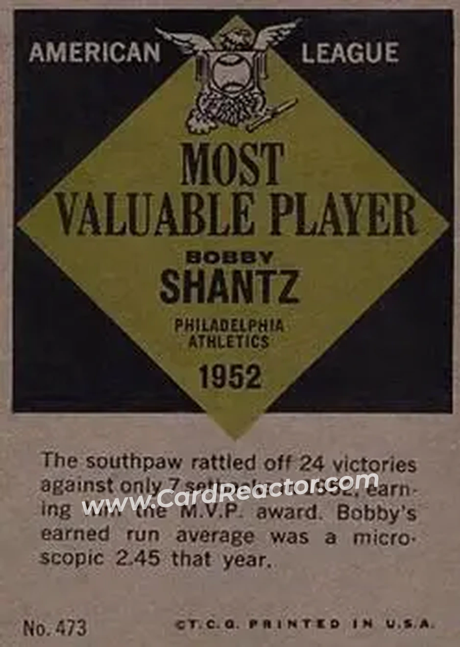 1961 Topps #473 - Bobby Shantz - Philadelphia Athletics - Back