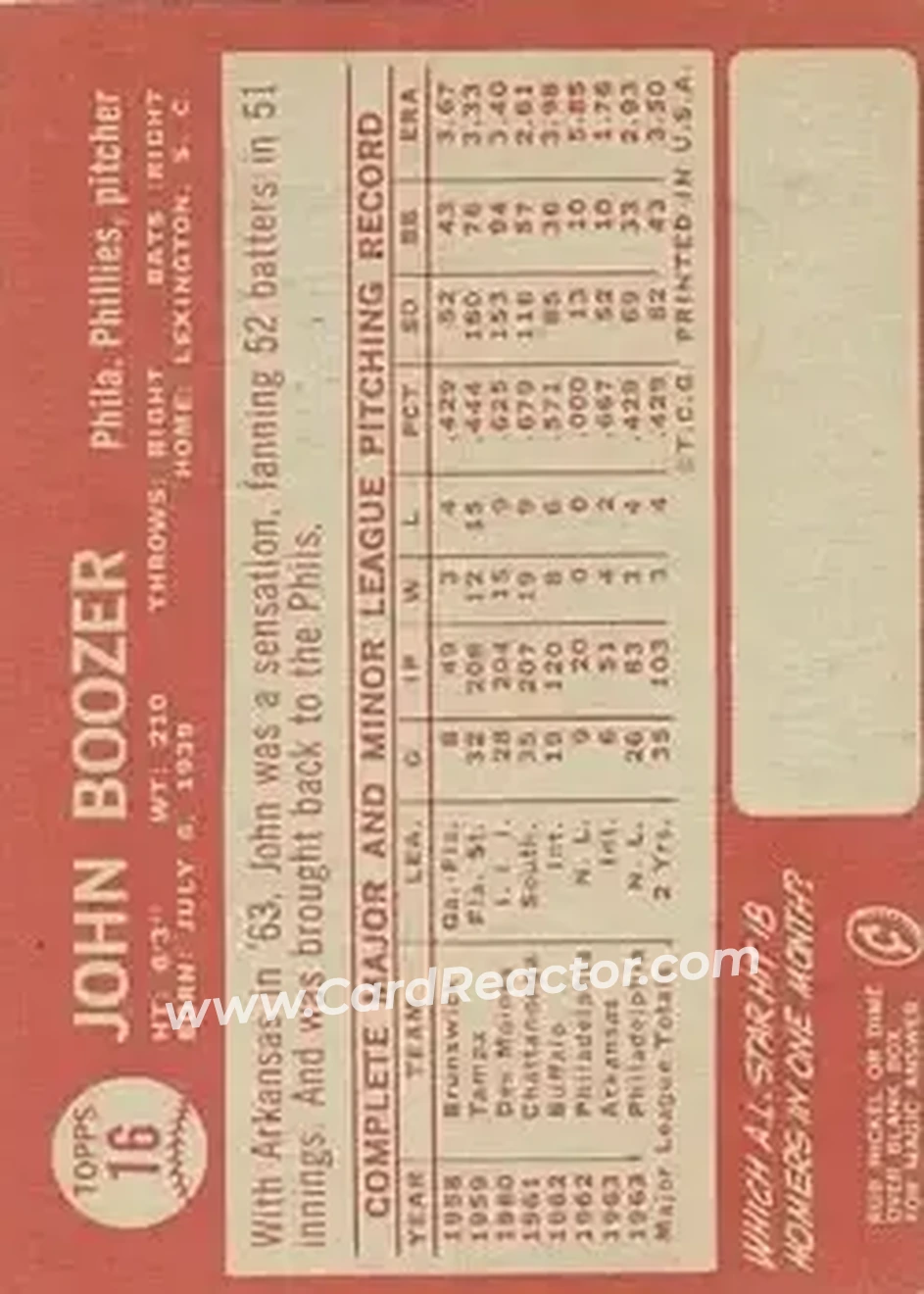 1964 Topps #16 - John Boozer - Philadelphia Phillies - Back