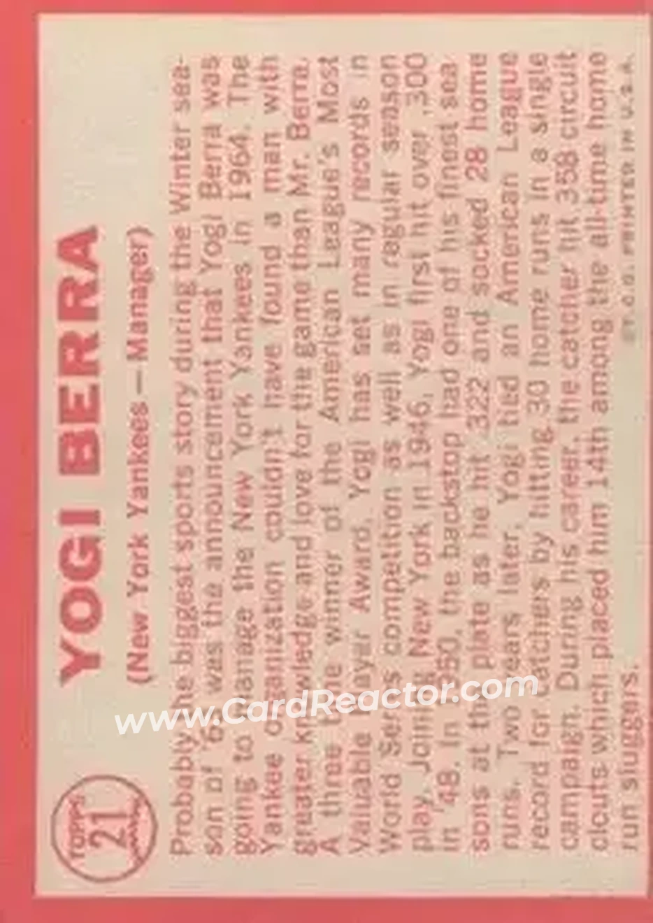 1964 Topps #21 - Larry "Yogi" Berra - New York Yankees - Back