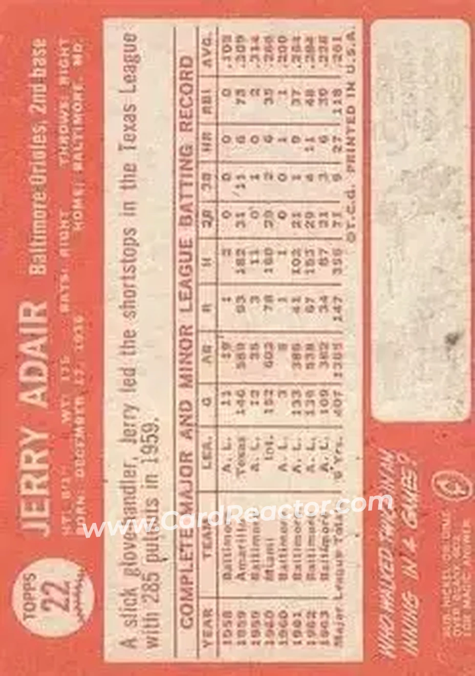 1964 Topps #22 - Jerry Adair - Baltimore Orioles - Back 1964 Topps #22 - Jerry Adair - Baltimore Orioles - Back
