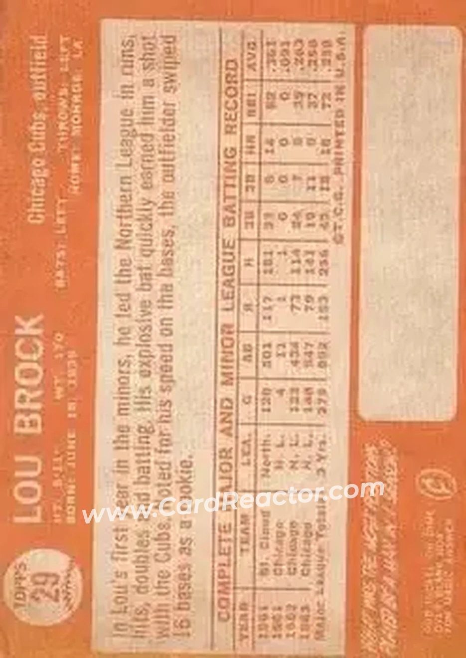 1964 Topps #29 - Lou Brock - Chicago Cubs - Back 1964 Topps #29 - Lou Brock - Chicago Cubs - Back