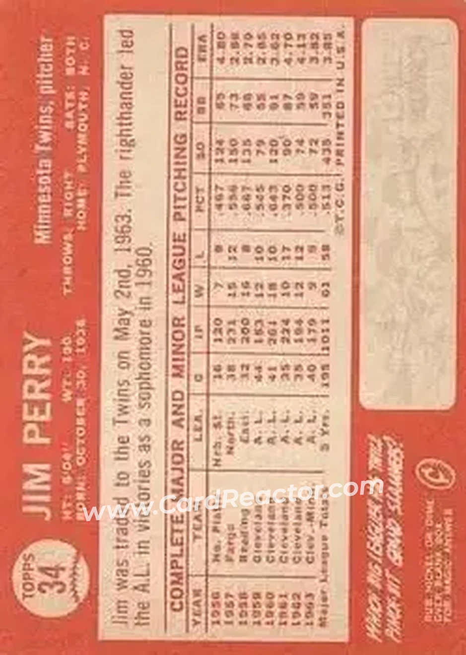 1964 Topps #34 - Jim Perry - Minnesota Twins - Back