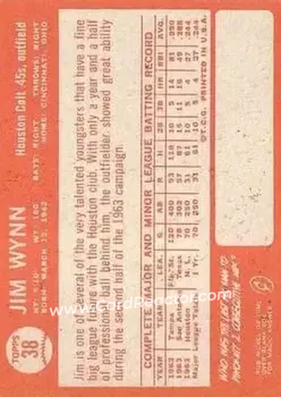 1964 Topps #38 - Jim Wynn - Houston Colt .45s - Back