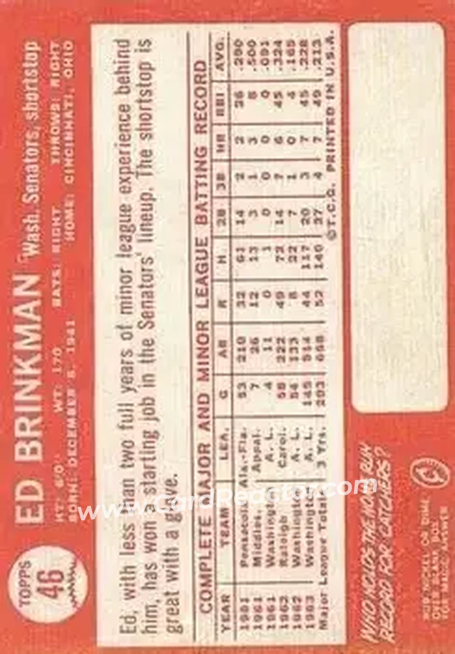 1964 Topps #46 - Ed Brinkman - Washington Senators - Back