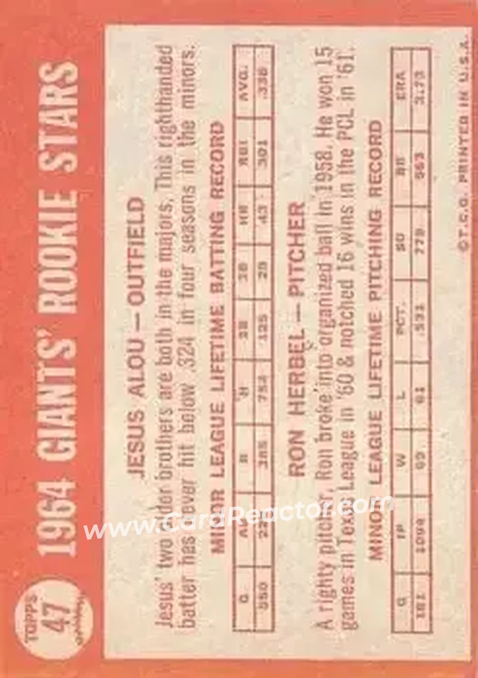 1964 Topps #47 - Ron Herbel) - San Francisco Giants - Back