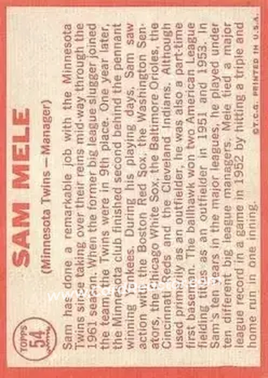 1964 Topps #54 - Sam Mele - Minnesota Twins - Back