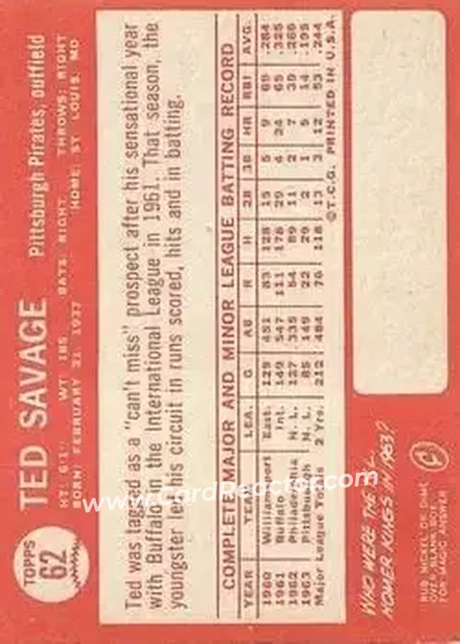 1964 Topps #62 - Ted Savage - Pittsburgh Pirates - Back