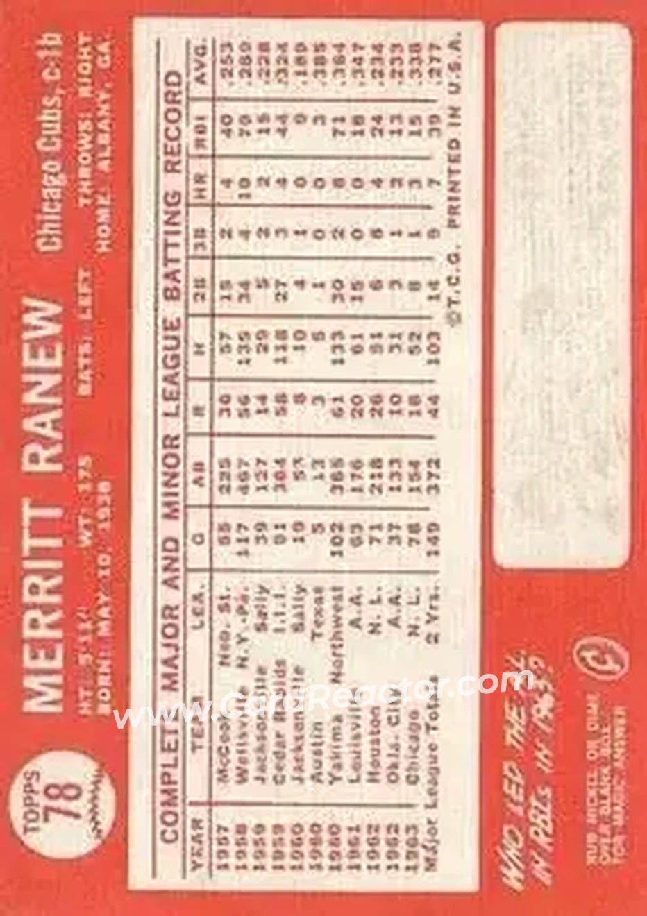 1964 Topps #78 - Merritt Ranew - Chicago Cubs - Back 1964 Topps #78 - Merritt Ranew - Chicago Cubs - Back