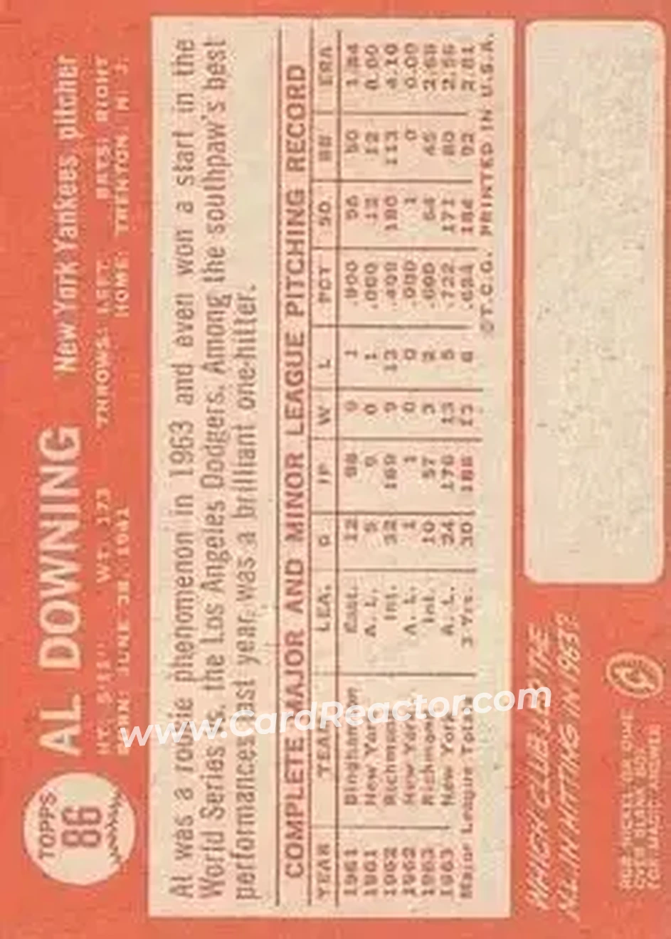 1964 Topps #86 - Al Downing - New York Yankees - Back 1964 Topps #86 - Al Downing - New York Yankees - Back