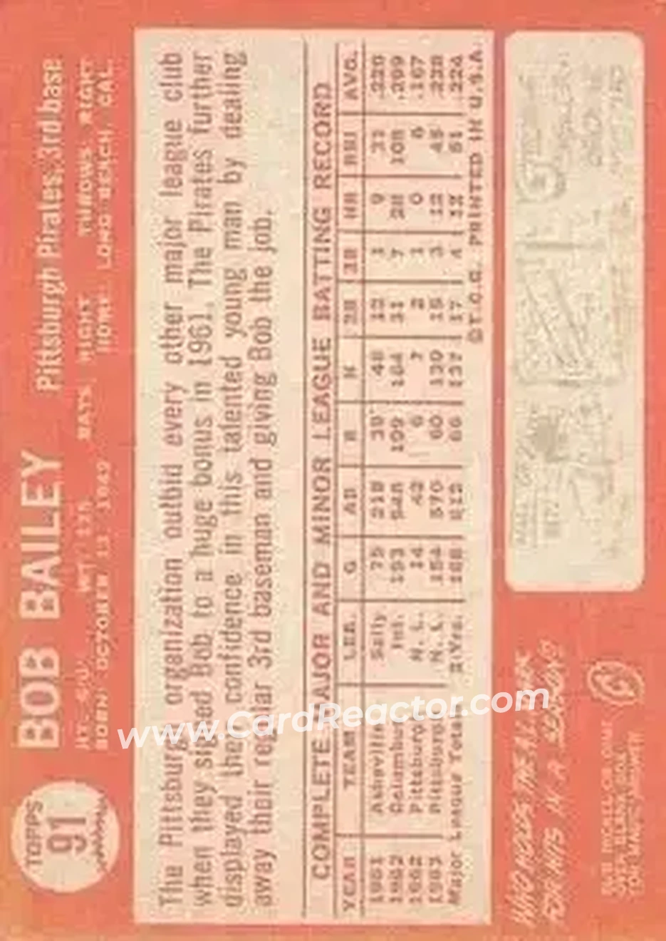 1964 Topps #91 - Bob Bailey - Pittsburgh Pirates - Back