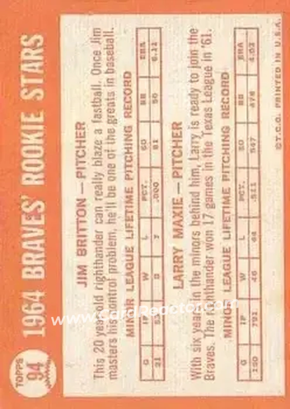1964 Topps #94 - Larry Maxie) - Milwaukee Braves - Back