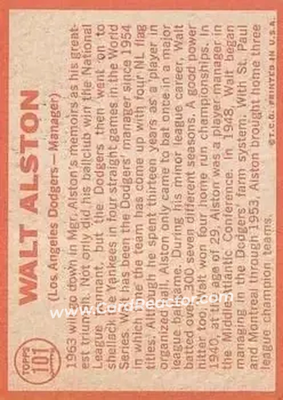 1964 Topps #101 - Walter Alston - Los Angeles Dodgers - Back