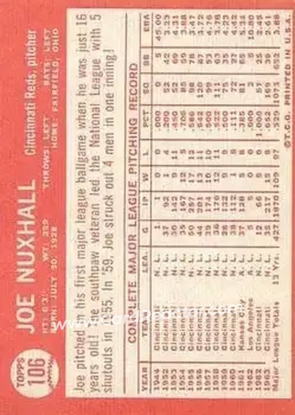 1964 Topps #106 - Joe Nuxhall - Cincinnati Reds - Back