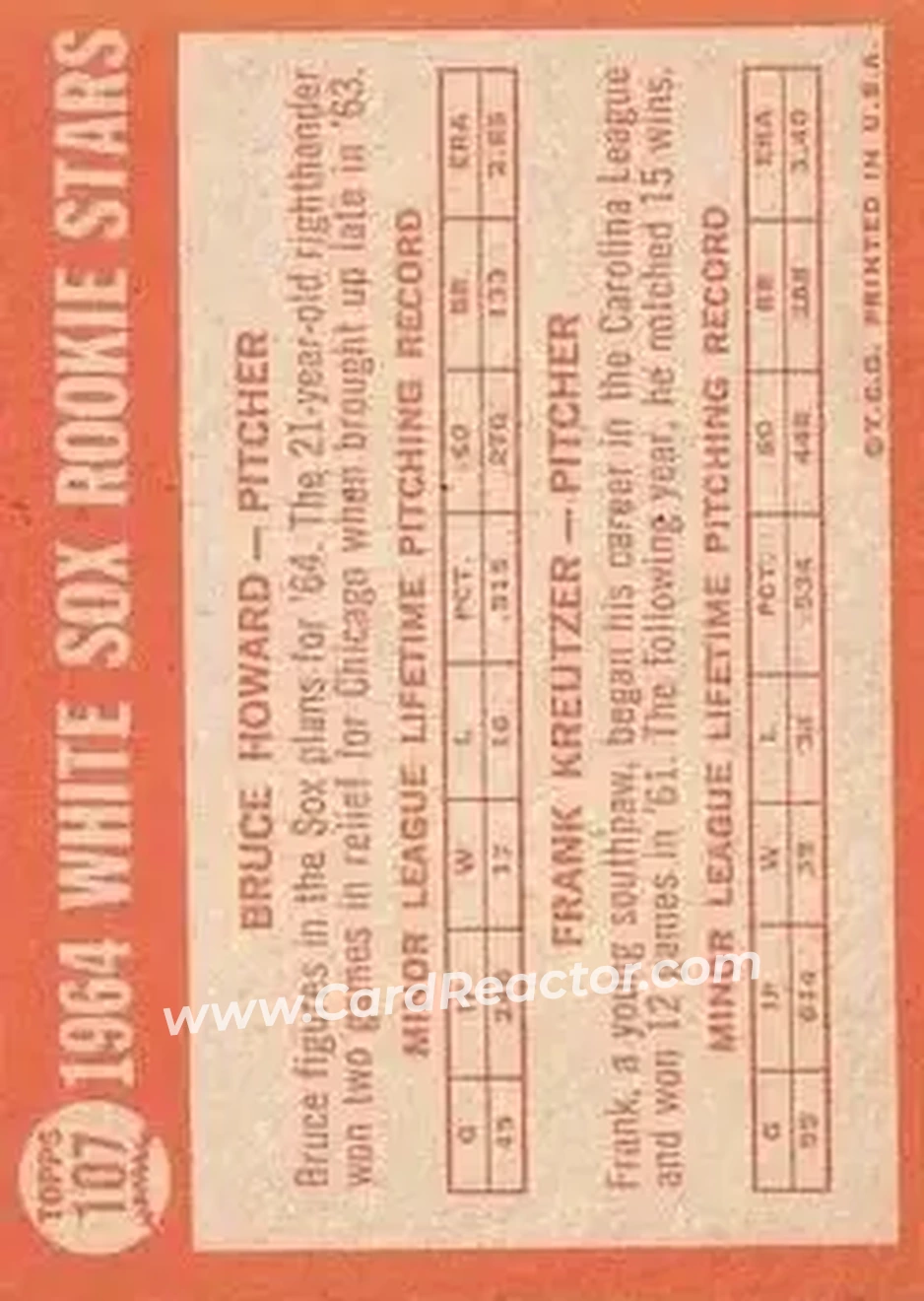 1964 Topps #107 - Frank Kreutzer) - Chicago White Sox - Back 1964 Topps #107 - Frank Kreutzer) - Chicago White Sox - Back