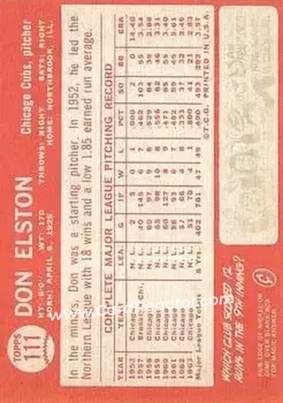 1964 Topps #111 - Don Elston - Chicago Cubs - Back