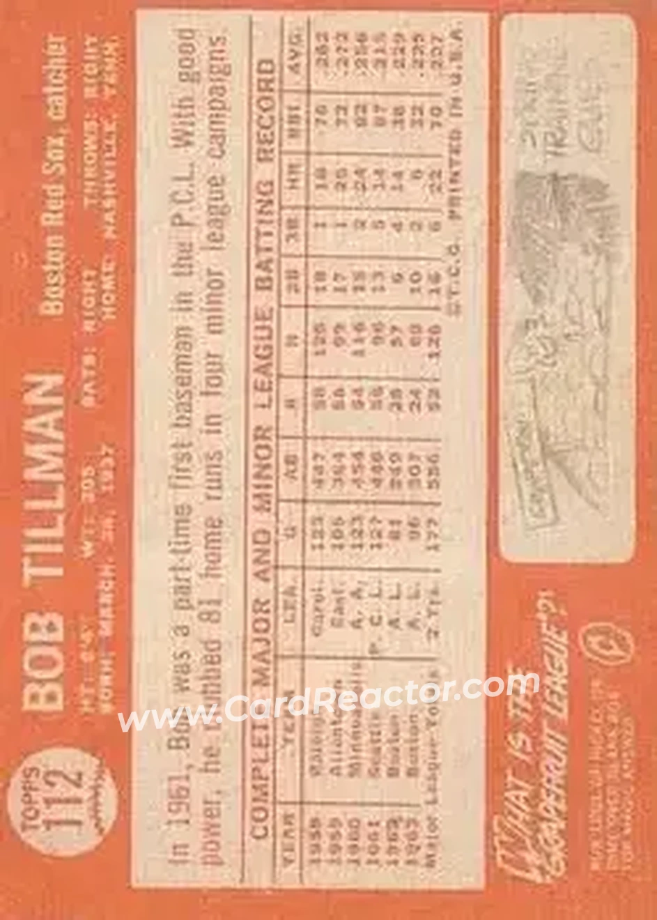 1964 Topps #112 - Bob Tillman - Boston Red Sox - Back 1964 Topps #112 - Bob Tillman - Boston Red Sox - Back