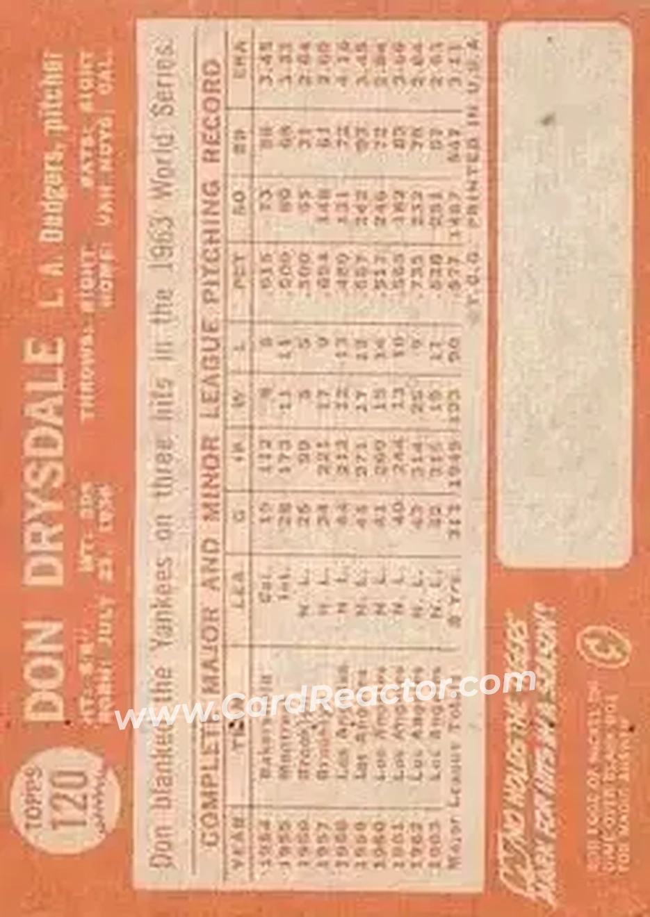 1964 Topps #120 - Don Drysdale - Los Angeles Dodgers - Back 1964 Topps #120 - Don Drysdale - Los Angeles Dodgers - Back