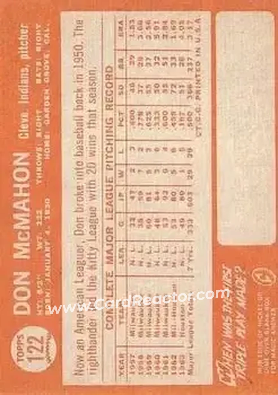1964 Topps #122 - Don McMahon - Cleveland Indians - Back