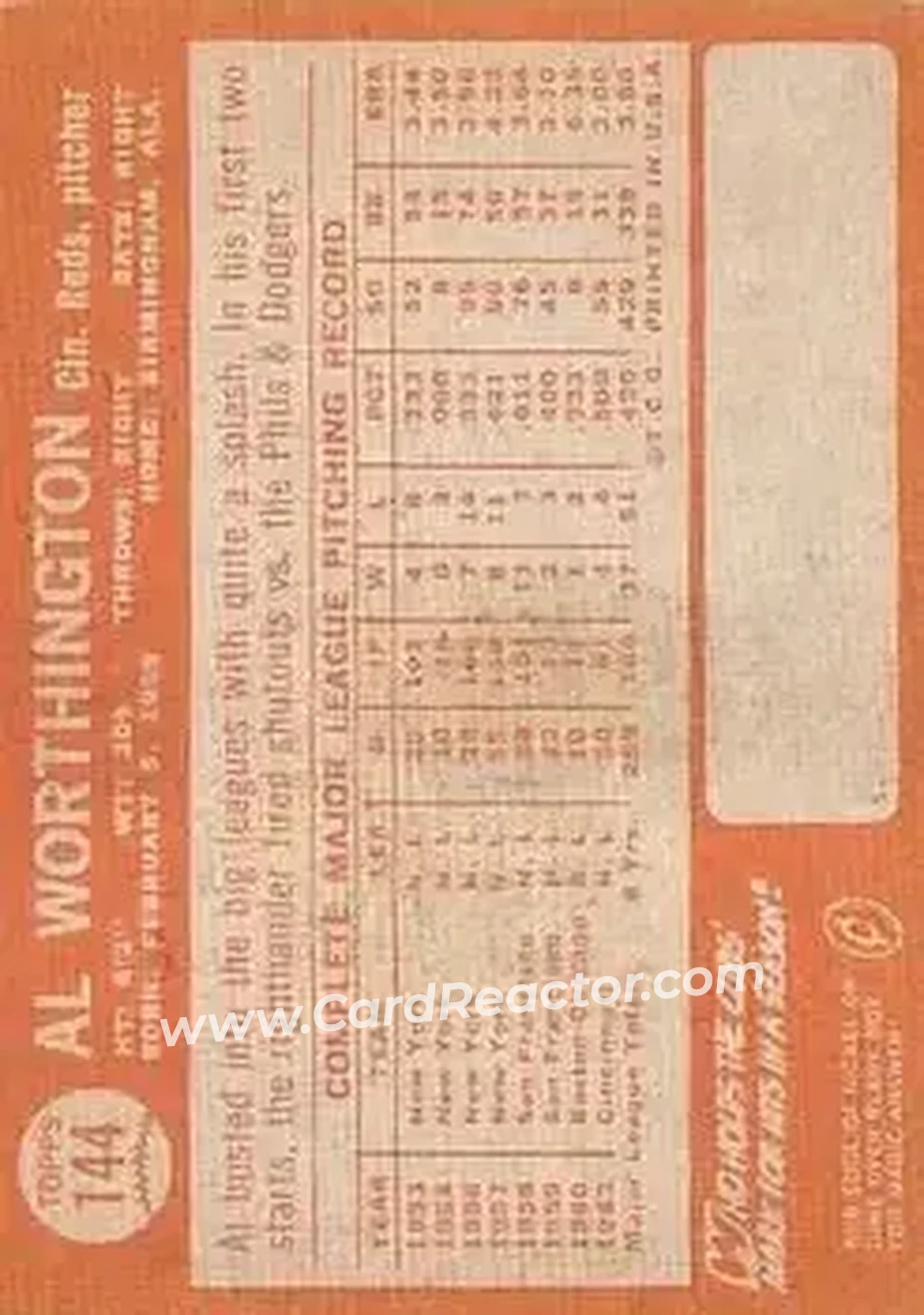 1964 Topps #144 - Al Worthington - Cincinnati Reds - Back 1964 Topps #144 - Al Worthington - Cincinnati Reds - Back
