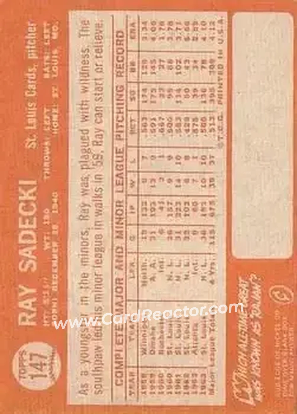 1964 Topps #147 - Ray Sadecki - St. Louis Cardinals - Back