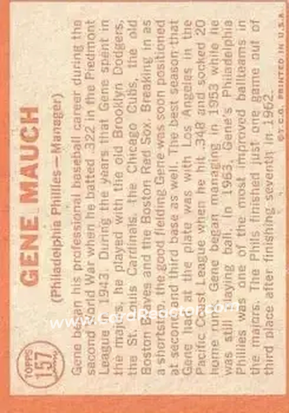 1964 Topps #157 - Gene Mauch - Philadelphia Phillies - Back 1964 Topps #157 - Gene Mauch - Philadelphia Phillies - Back