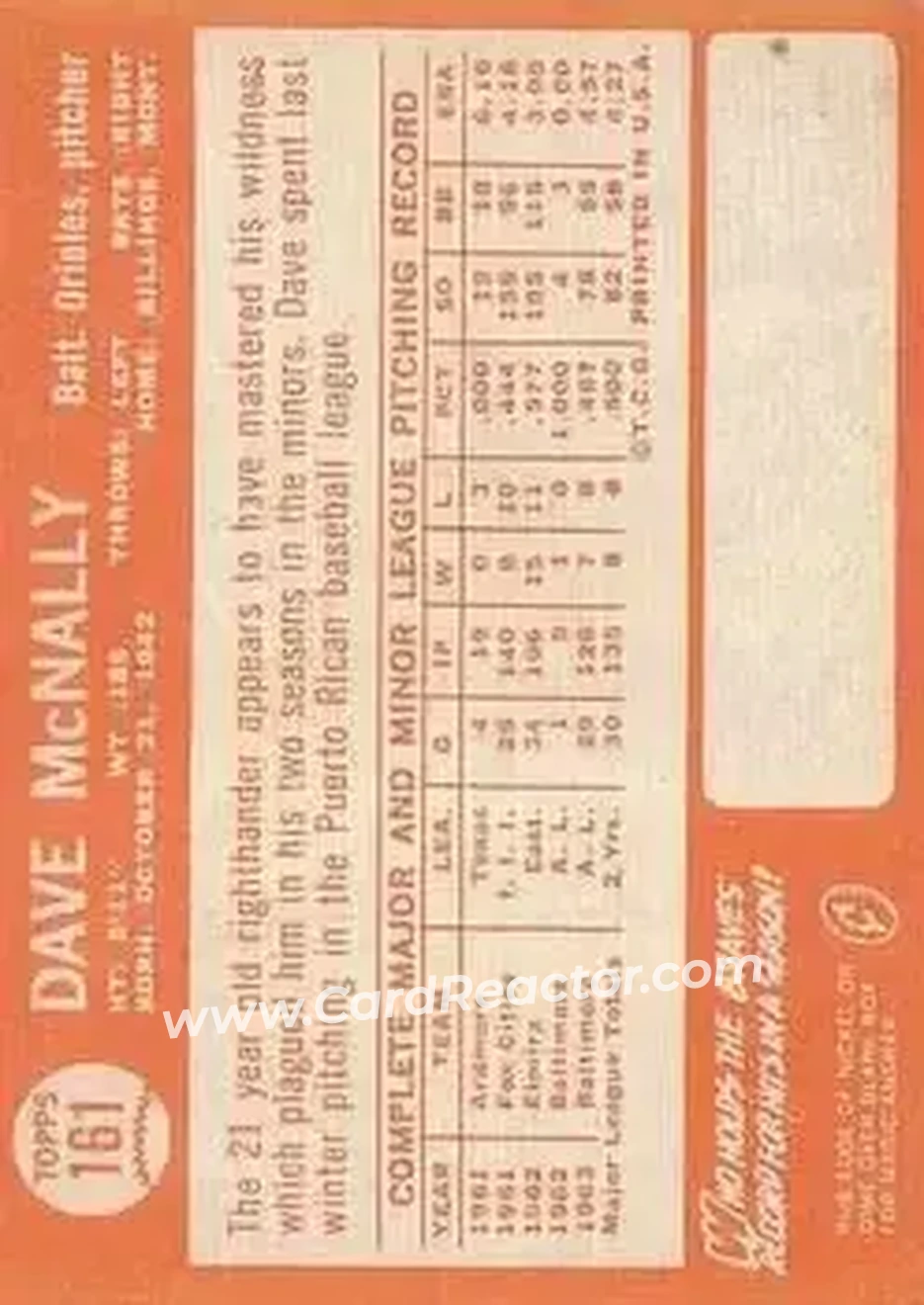 1964 Topps #161 - Dave McNally - Baltimore Orioles - Back