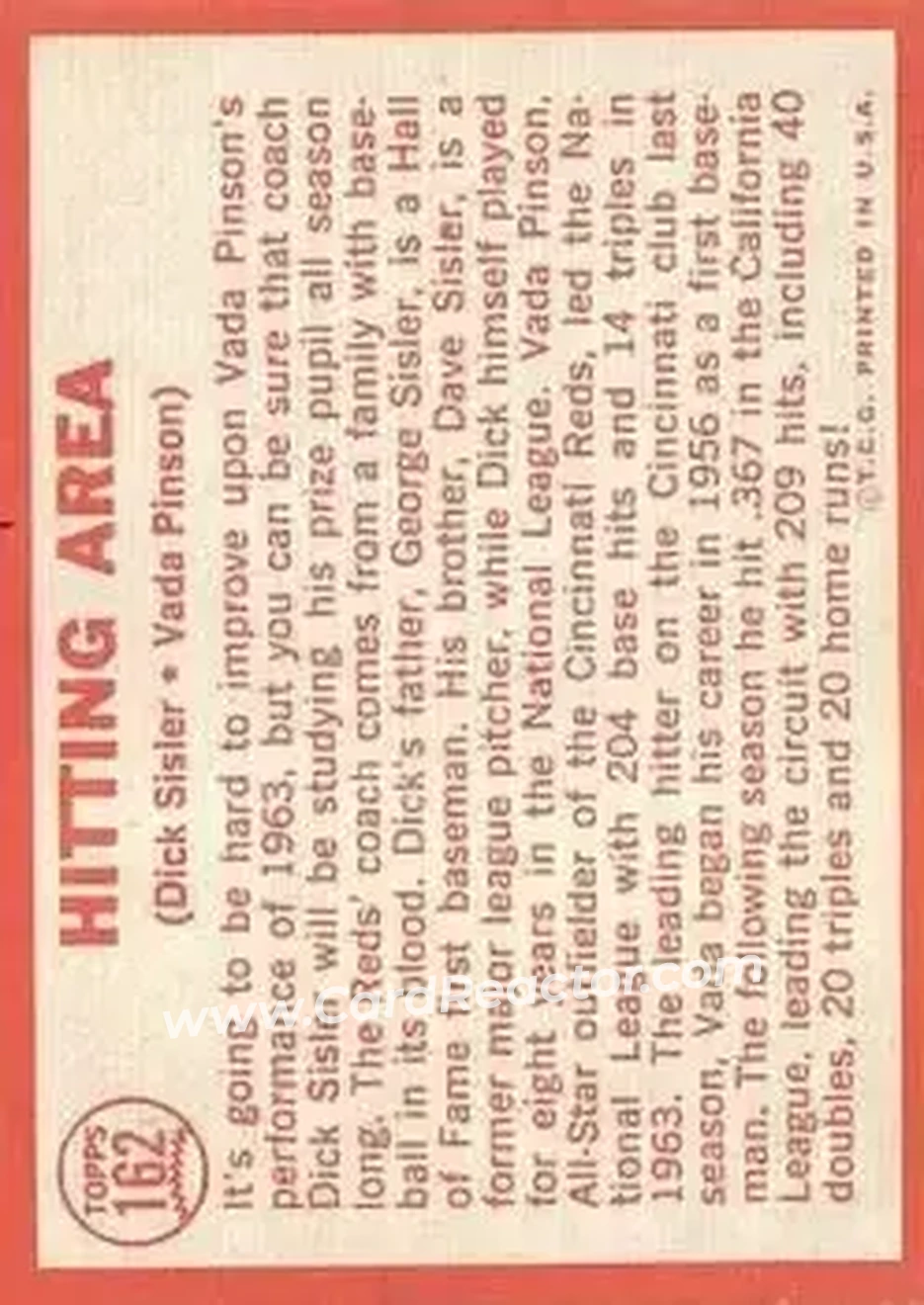 1964 Topps #162 - Vada Pinson) - Cincinnati Reds - Back